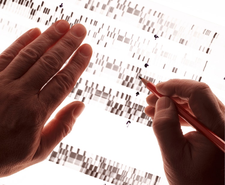 Hands writing on a genetic biomarker test