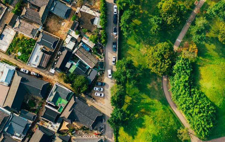 Aerial view of a road dividing a neighborhood and a park