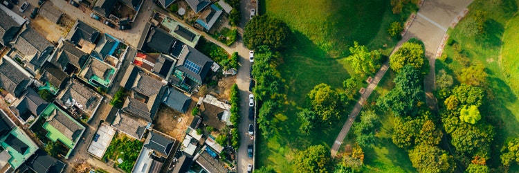 Aerial view of a road dividing a neighborhood and a park